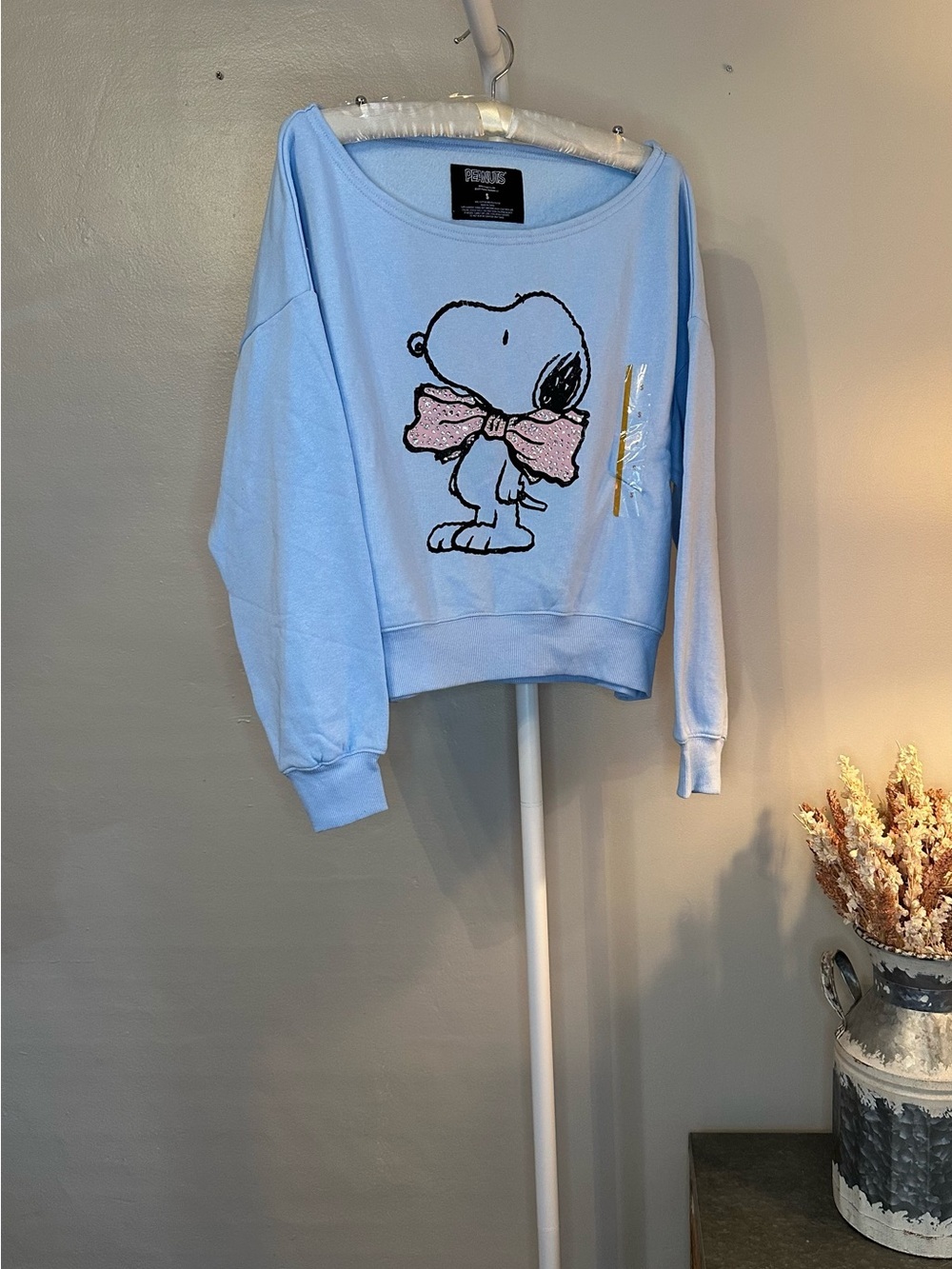 Peanuts Snoopy Sequin Bow Light Blue Cropped Sweatshirt Small NWT